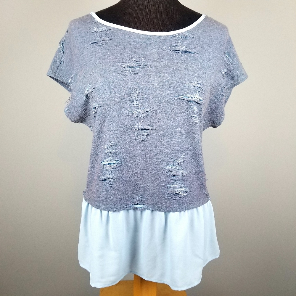 Distressed cap sleeve peplum top by Le Lis
